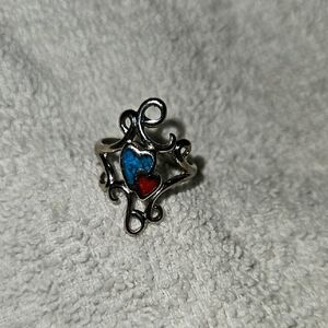 Navajo Silver Ring with Turquoise and Coral Heart Design